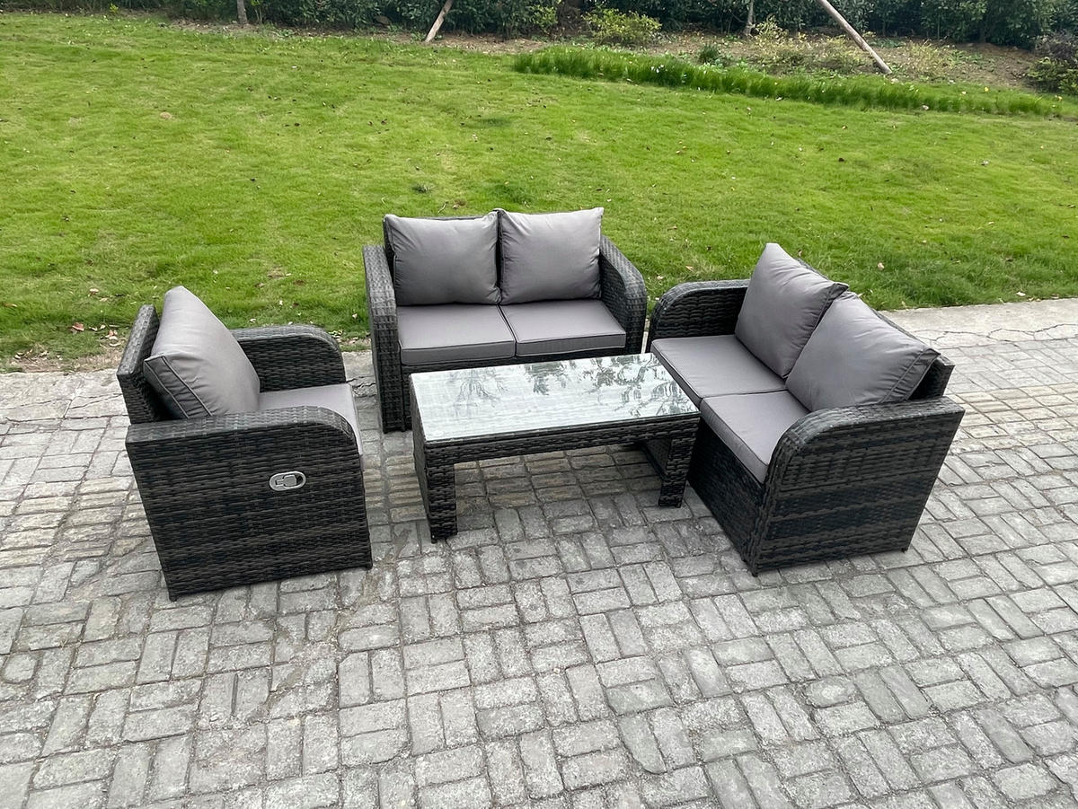 GARTENMÖBEL SET mit Sofa Polyrattan 5-Sitzer Dunkelgrau - Dunkelgrau/Grau, Glas/Kunststoff - Fimous