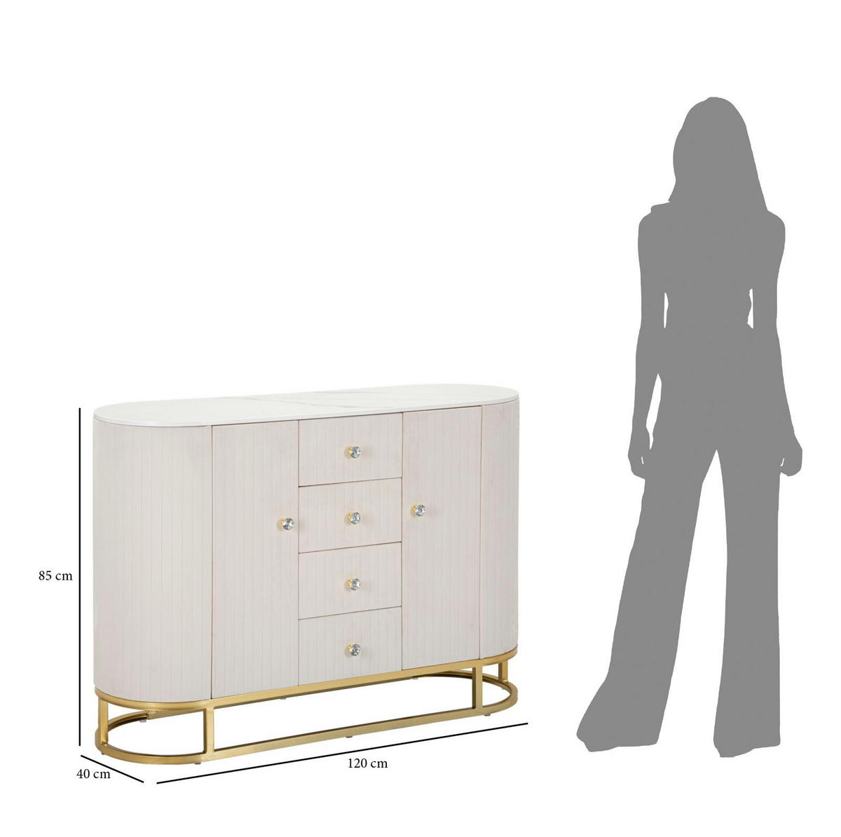 KOMMODE Montpellier, cremefarben, goldfarben und weiß, Eisen, Holz, Stoff und Polyurethan (PU), 120 x 40 x 85 cm - Goldfarben/Creme, Holz/Kunststoff (120/85/40cm) - Mauro Ferretti