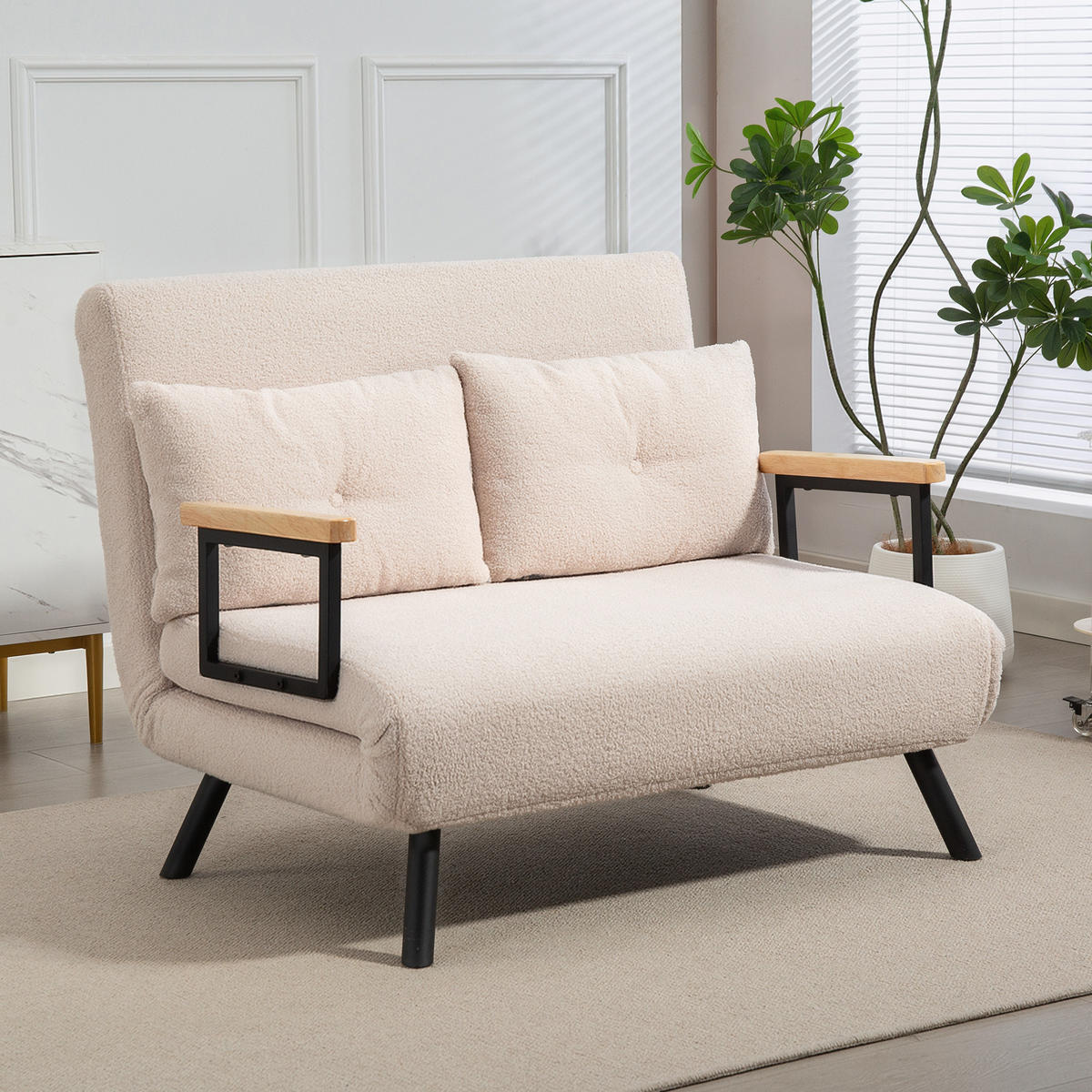 SCHLAFSOFA, Zweisitzer mit Bettfunktion, Schlafcouch mit Samtoptik, Rückenkissen - Beige/Schwarz, Holz/Textil (73/81/102cm) - HOMCOM