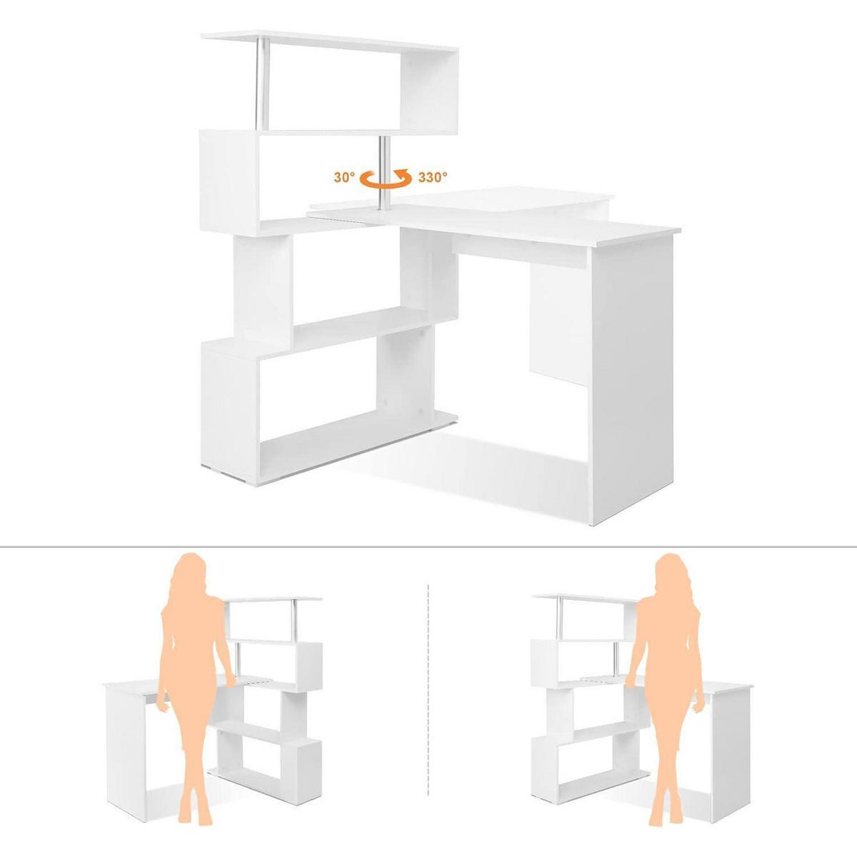 COMPUTERTISCH L-förmig mit drehbarem Bücherregal Weiß 157 x 45 x 130,5 cm - Weiß, Holzwerkstoff (45/157/130.5cm)
