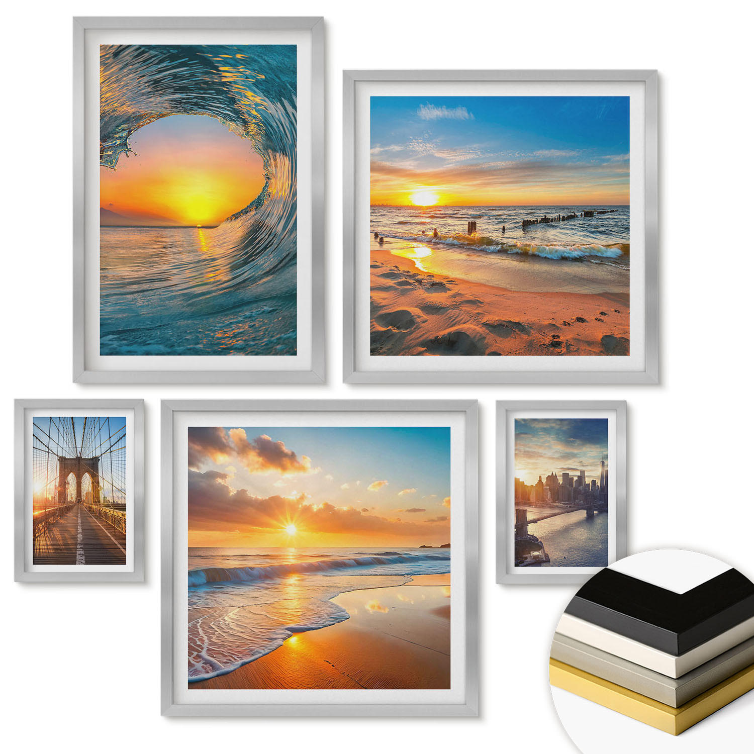 WANDBILDER 5er Set - 50x50 cm & 20x30 cm & 40x60 cm Silberner Rahmen - Brücken, Sonnenuntergänge, Stadt - Silberfarben, Kunststoff (40/60cm) - ArtPrintCave