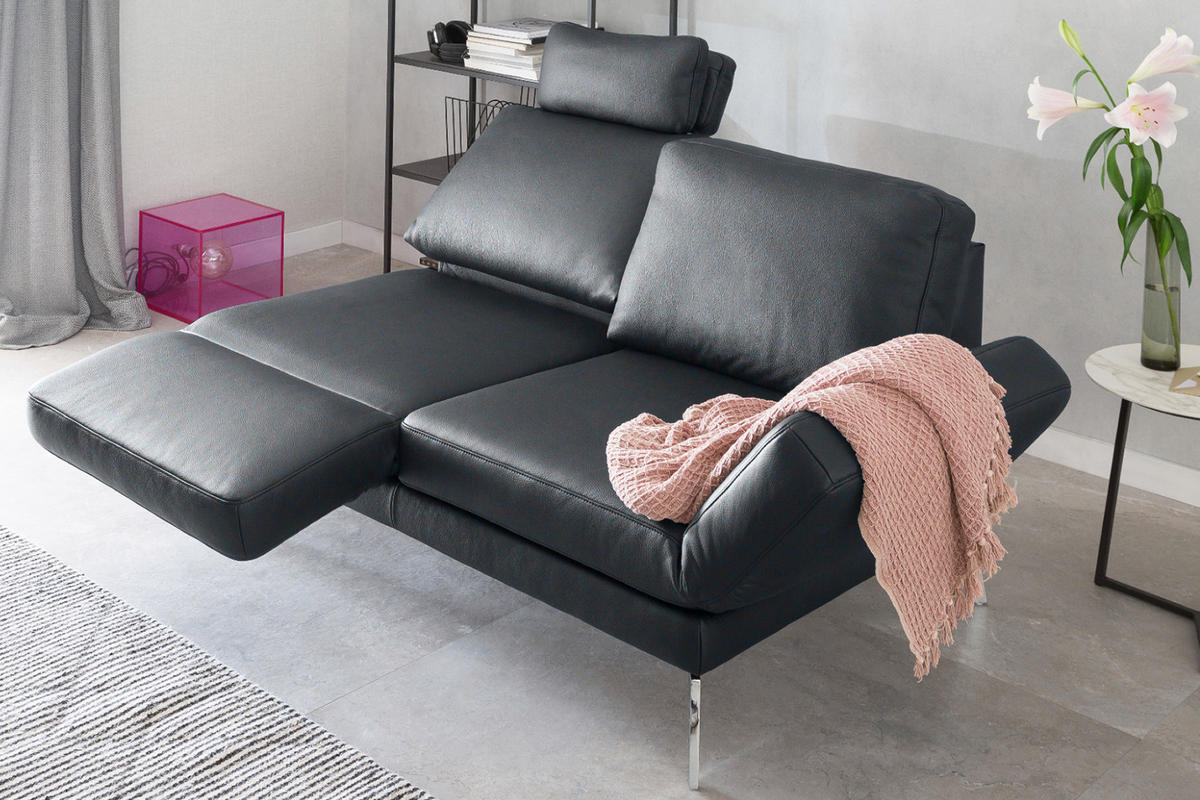 LEDERSOFA HURRICANE Schwarz Leder - Silberfarben/Schwarz, Leder (170/87/141cm) - KAWOLA