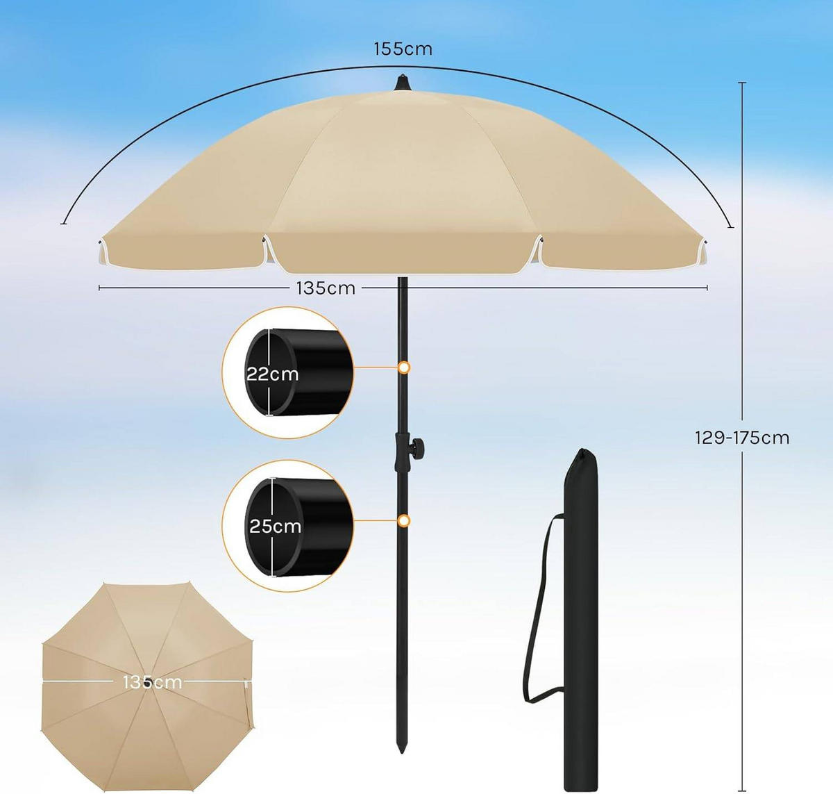 SONNENSCHIRM, Balkonschirm Strandschirm UV-beständig wasserdicht - Taupe, Kunststoff/Metall (135/135cm) - Woltu