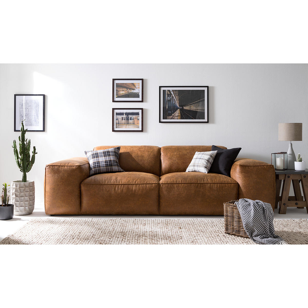 BIGSOFA - Antiklederlook - Cognac, Textil (254/75/95cm) - home24
