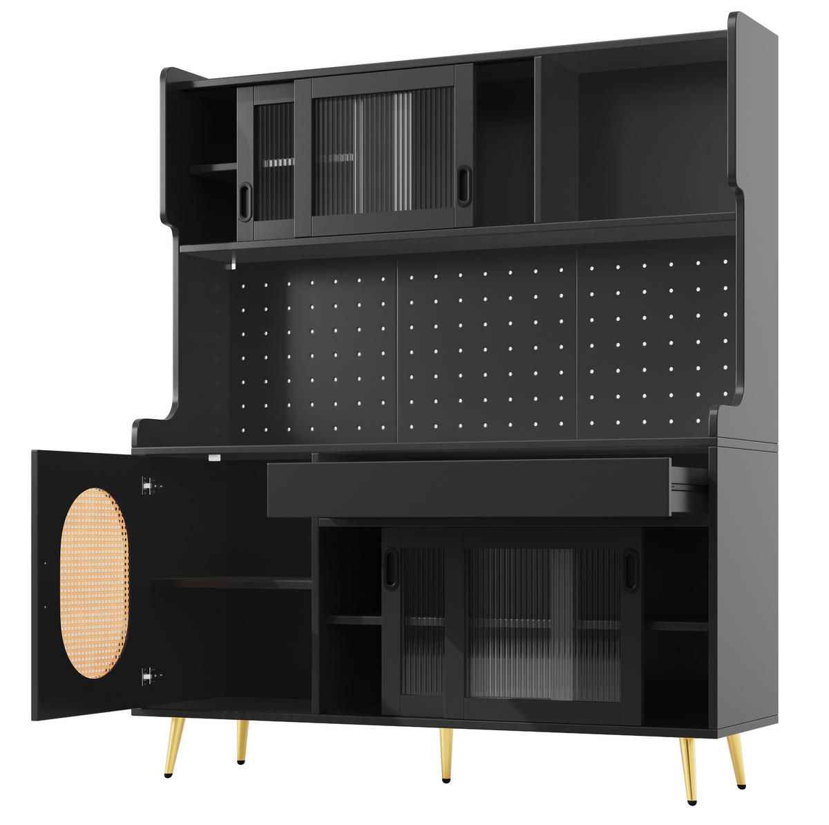 BUFFET 145/39/171 cm aus MDF mit LED-Lichtleiste Schwarz - Schwarz, Holzwerkstoff (145/171/39cm) - Modenvie