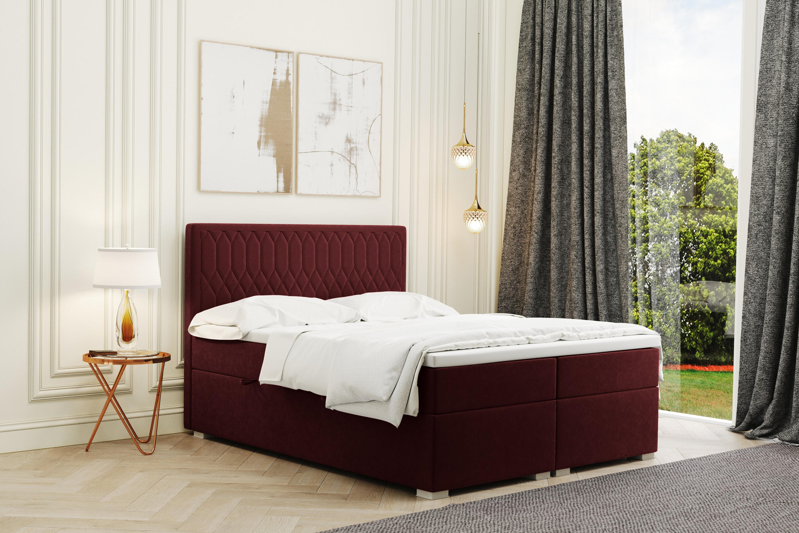 BOXBETT Mit Bettkasten Matratze Topper RIMINI Stoff Riviera Rotwein 160x200 cm H2-Pocket - Rot, Holz/Textil (160/200cm) - Kaiser Möbel