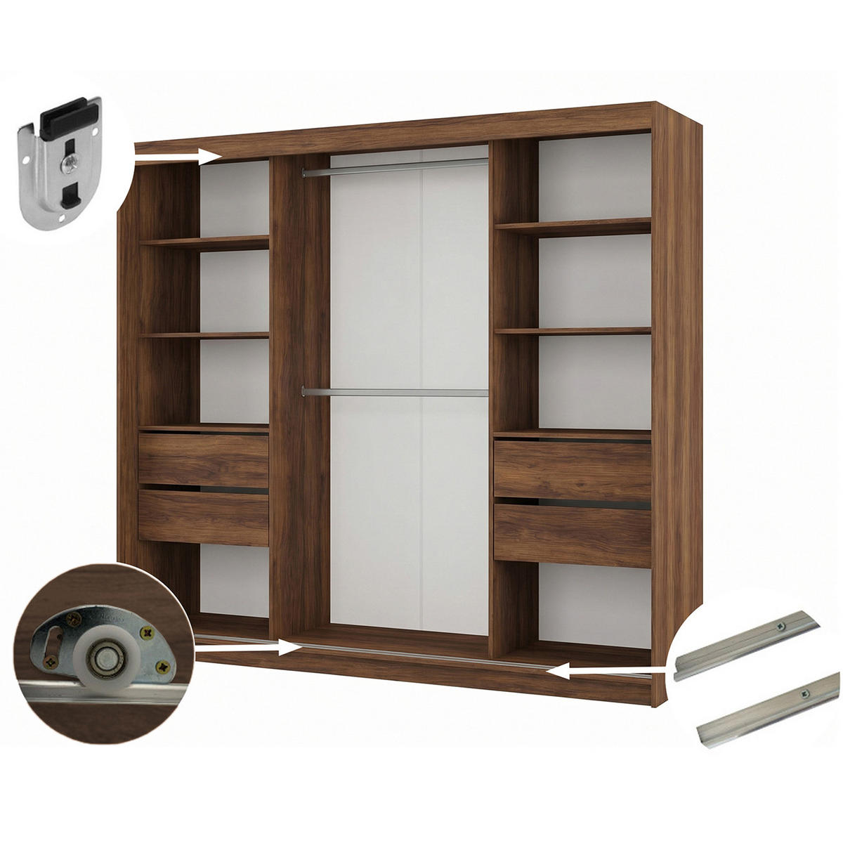 SCHWEBETÜRENSCHRANK Helios II mit Schubladen und Lamellen 240/216/61 Walnuss+Schwarz - Walnussfarben, Holzwerkstoff (240/216/61cm) - Beautysofa