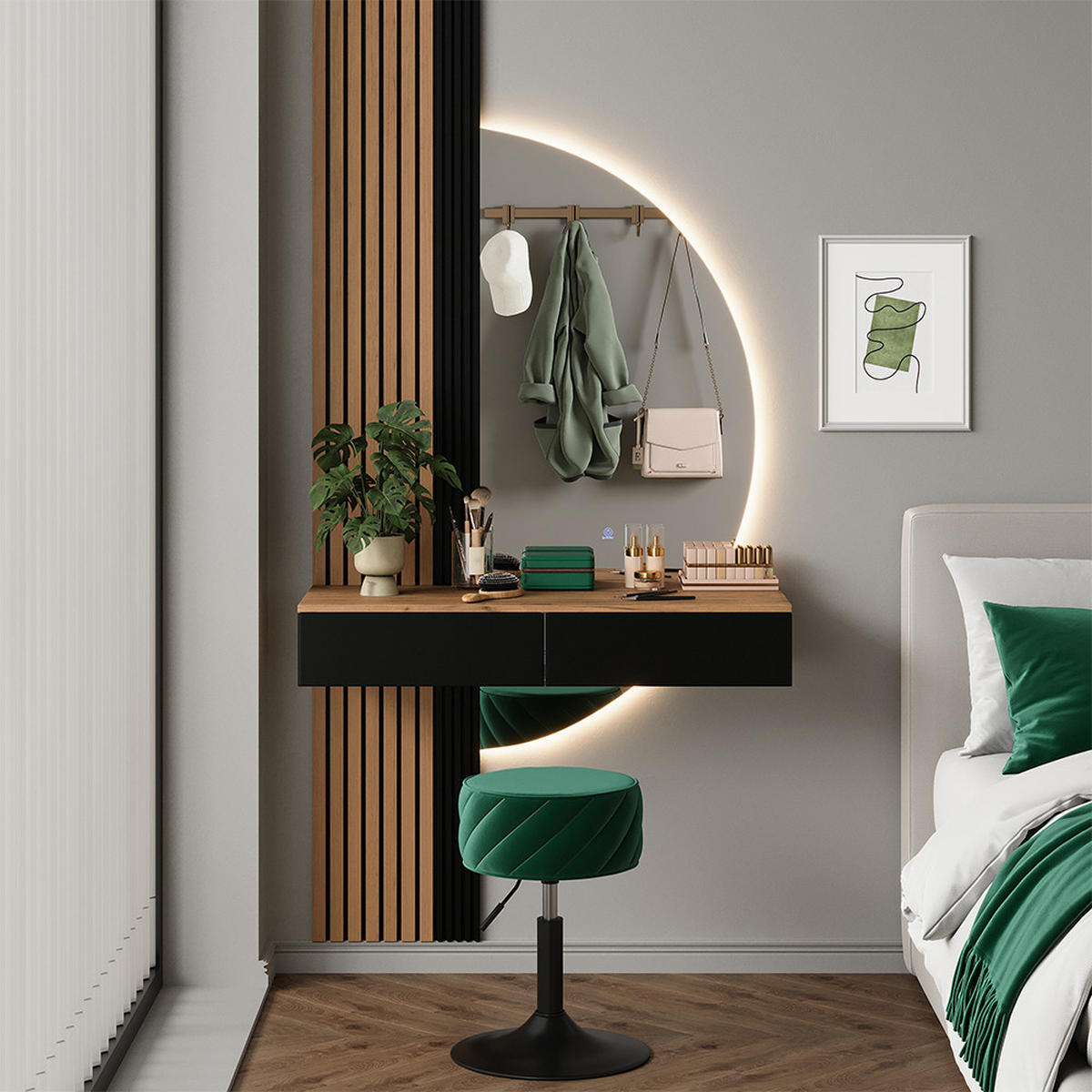 SCHMINKTISCH Melina Eiche/Schwarz 100 cm mit LED-Spiegel - Eichefarben, Holzwerkstoff (100/205/40cm) - Vicco