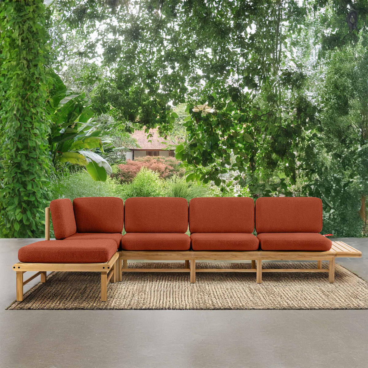 LOUNGESOFA ATREDA links - Orange, Holz/Textil (315/80/150cm) - KONSIMO®