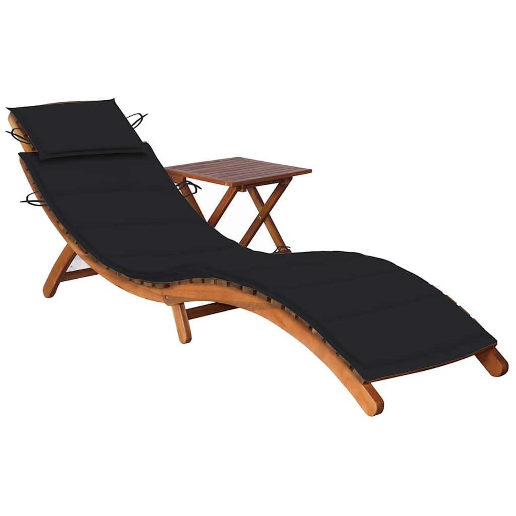 SONNENLIEGE mit Tisch und Auflage Massivholz Akazie - Schwarz, Holz (55/64/184cm) - furnicato