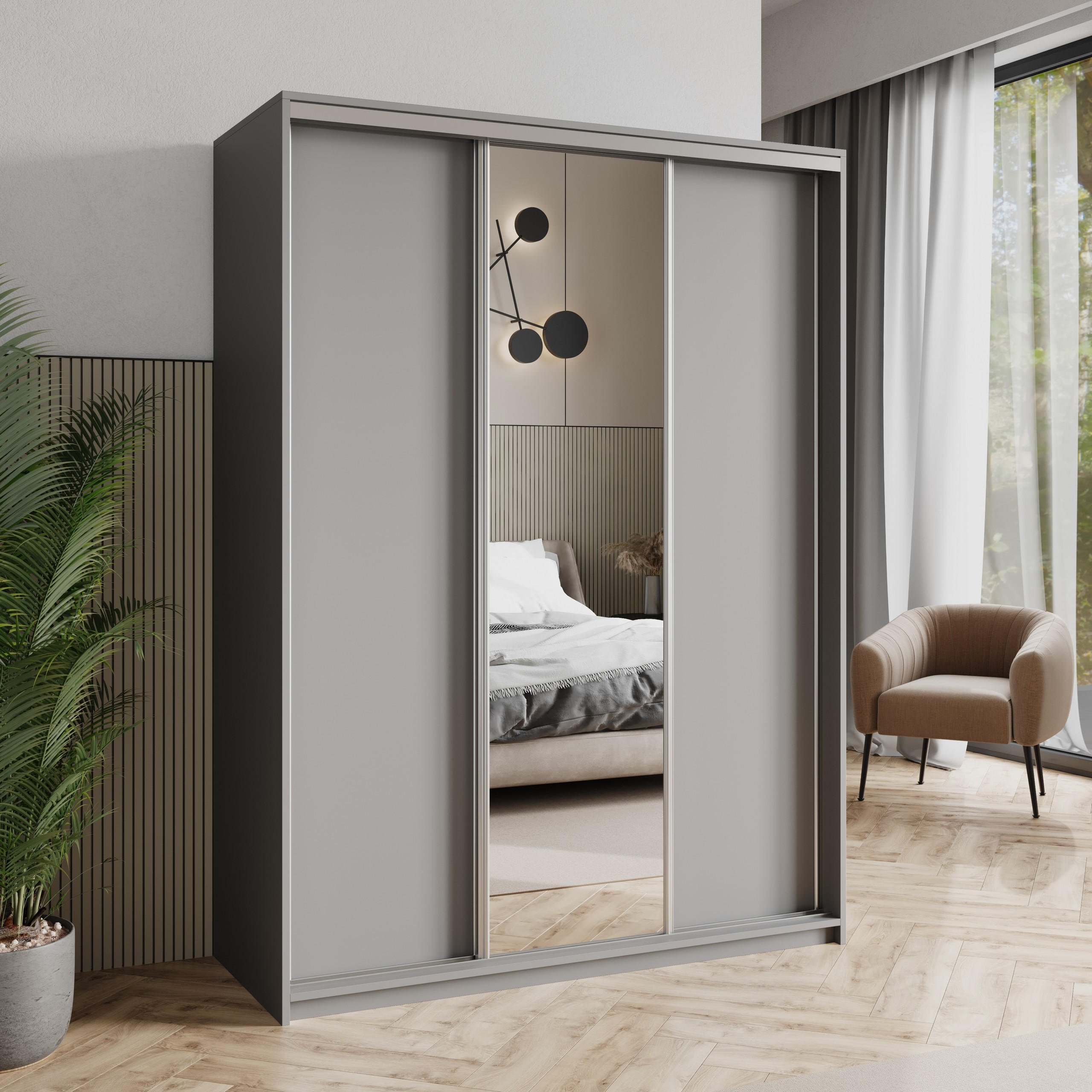 SCHWEBETÜRENSCHRANK TAVI 150/205/60 cm 3-türig mit Spiegel Graphitfarben - Graphitfarben, Holzwerkstoff (150/205/60cm) - MASSENO