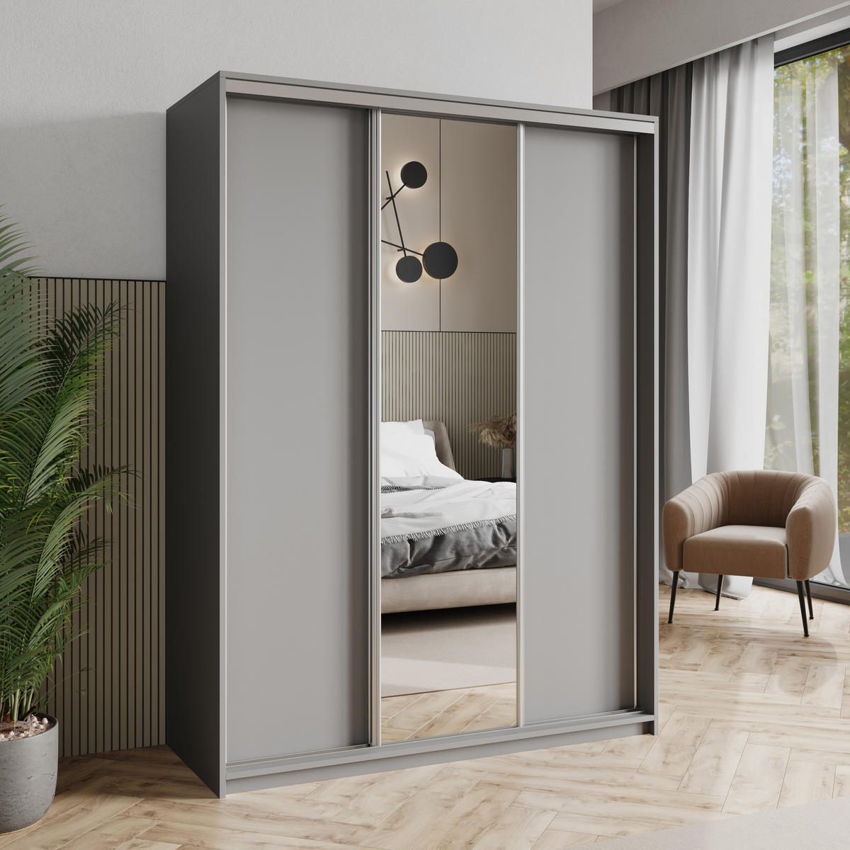 SCHWEBETÜRENSCHRANK TAVI 150/205/60 cm 3-türig mit Spiegel Graphitfarben - Graphitfarben, Holzwerkstoff (150/205/60cm) - MASSENO