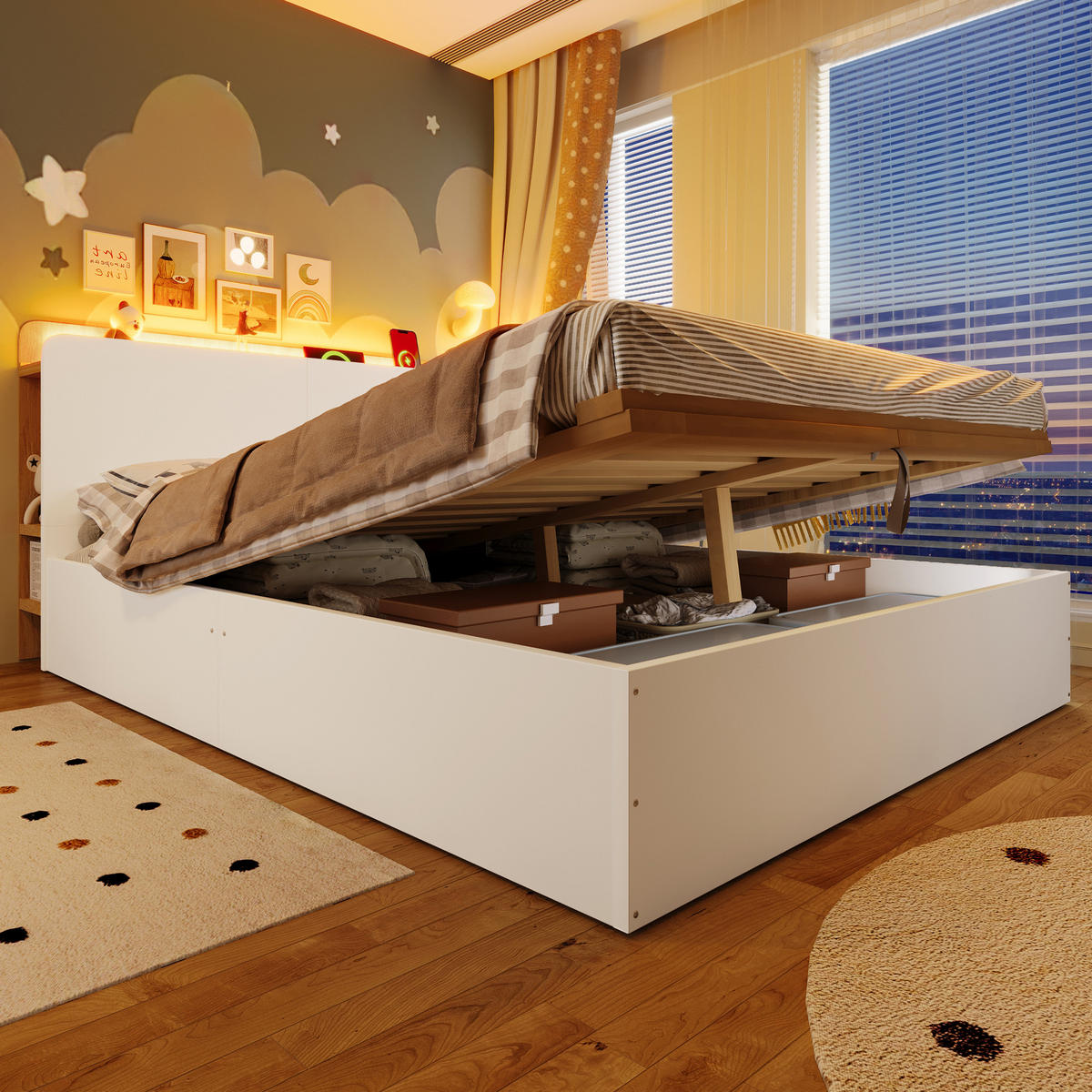 KINDERBETT 140/200 cm in Weiß & Natur mit Stauraum, LED und USB - Weiß/Naturfarben, Holz/Holzwerkstoff (140/200cm) - WISHDOR