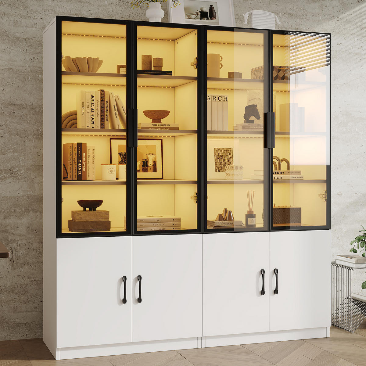 VITRINE LED Rauchglas Aluminiumrahmen 160cm 2 Türen Bücherregal - Weiß, Glas (60/160/40cm) - FLIEKS