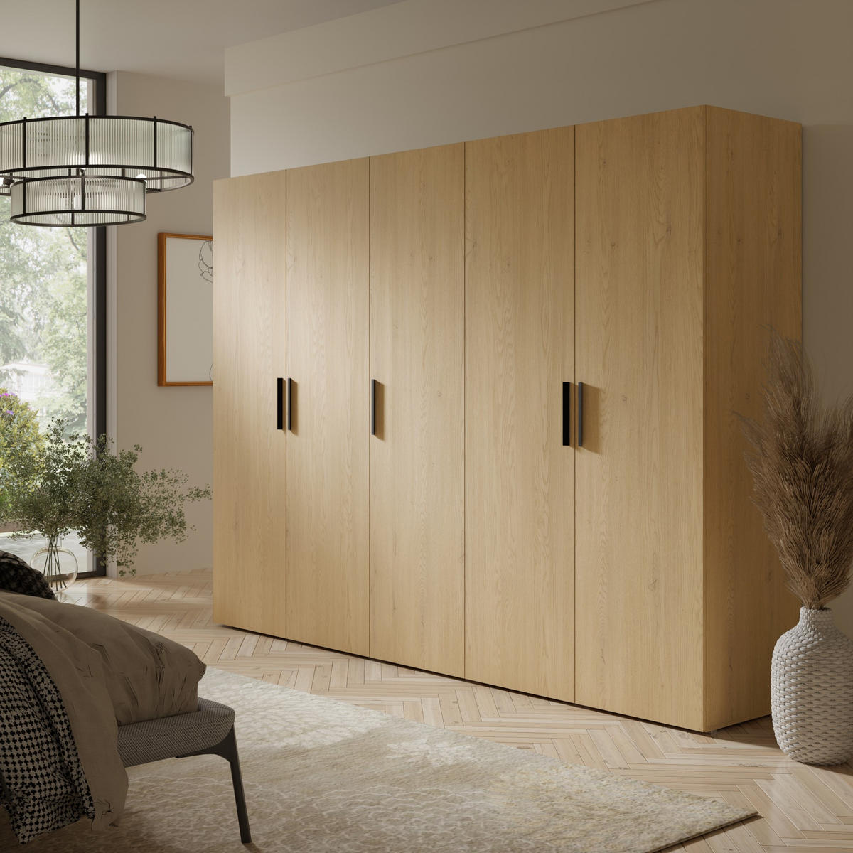 DREHTÜRENSCHRANK Napoli 5D 250 Eiche Cremona (schwarzer oder goldener Griff) - Eichefarben/Silberfarben, Holzwerkstoff/Kunststoff (250/35/60cm) - mzm24