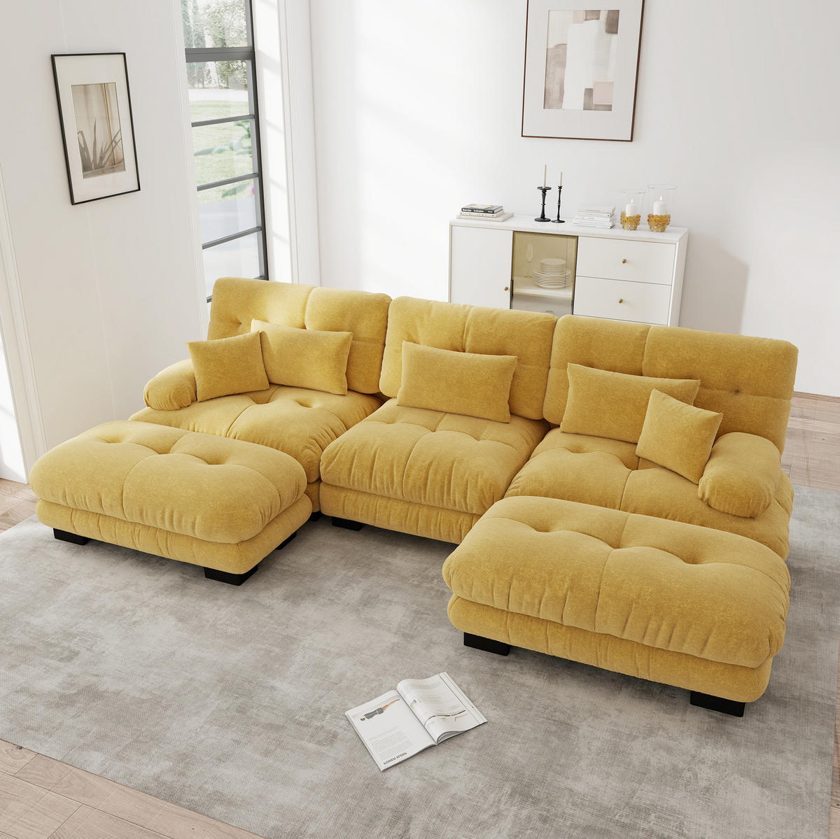 ECKSOFA 313/145/81 cm ggelb aus Chenille modular mit Ottomane und Tiefsitz - Gelb, Textil (145/313cm) - OKWISH