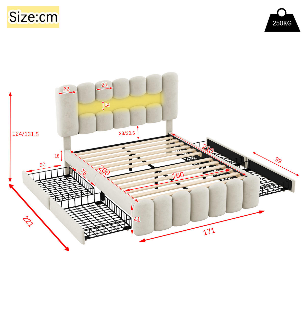 POLSTERBETT 160/200 cm Beige mit 4 Schubladen, USB und LED-Beleuchtung - Beige, Textil (160/200cm) - OKWISH