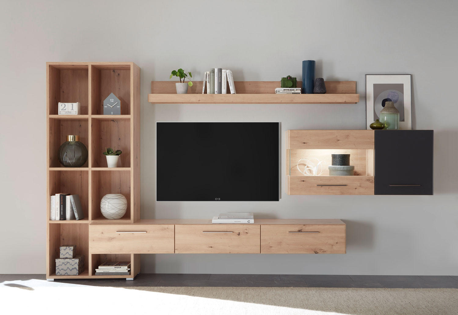 WOHNWAND Space Eiche Artisan / cosmos grey 3-teilig - Eichefarben/Multicolor, Holz/Holzwerkstoff (347/182/40cm) - Feldmann-Wohnen