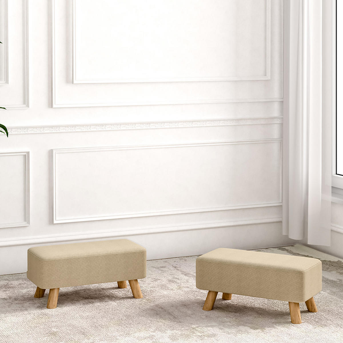 POLSTERHOCKER Rechteckig aus Eichenholzbeine Leinen in Beige Pflegeleicht Vielseitig einsetzbar 57 x 28 x 25,7 cm - Beige/Naturfarben, Eichenholz/Holz (57/25.7/28cm) - Livingandhome