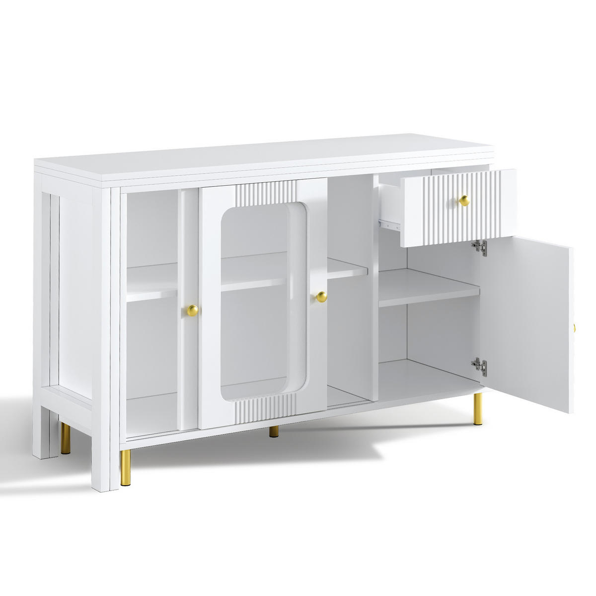 SIDEBOARD 116/40/78,5 cm in Weiß mit Auszugstisch, Glastüren & Schubladen - Weiß, Holzwerkstoff (116/78/40cm) - BEAOK