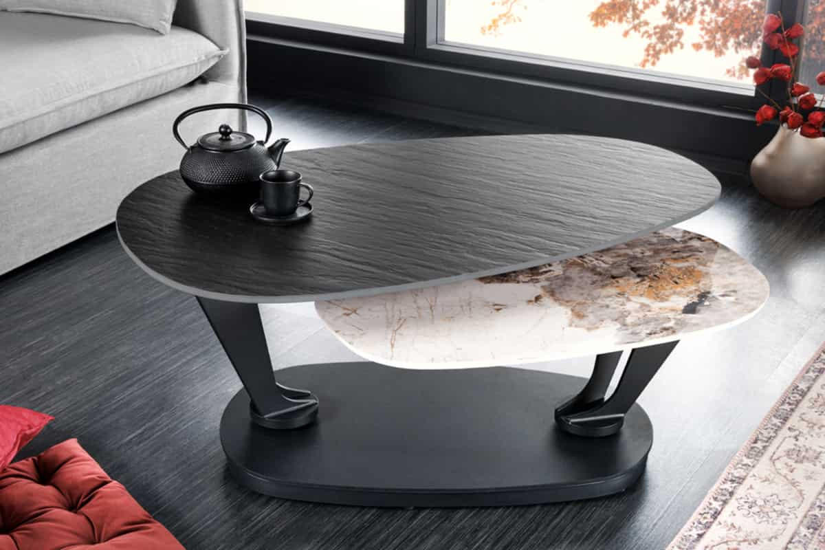 COUCHTISCH MOVEMENT rund Grau|Natur|Schwarz|Weiß 160cm - Schwarz/Braun, Keramik/Metall (110/160/40cm) - riess-ambiente