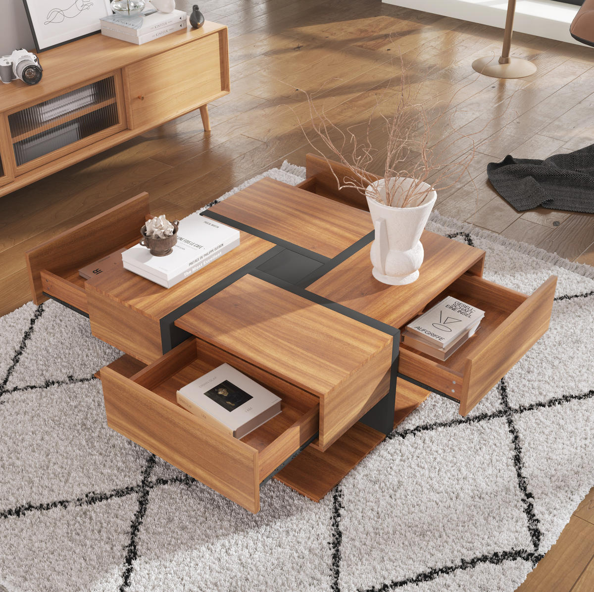 COUCHTISCH 78/78/36 cm Natur aus Spanplatte mit 4 Schubladen - Naturfarben, Holzwerkstoff (78/78/36cm) - OKMYHOME