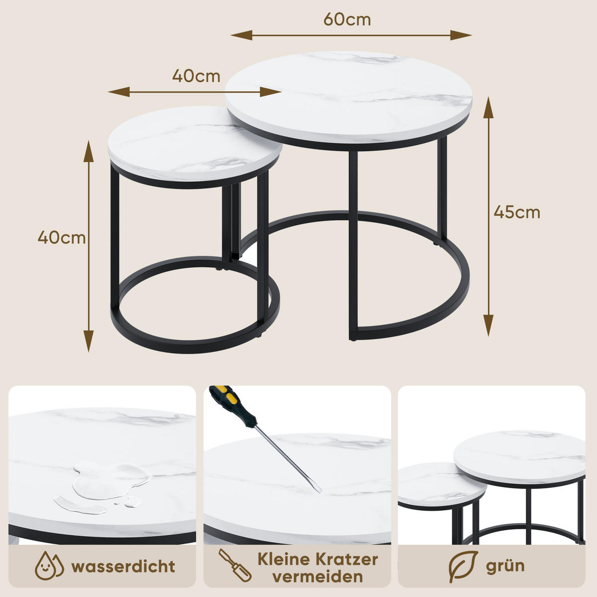 COUCHTISCH-SET 60/60/45 cm verschachtelbar mit Metallgestell und 2 Tischen, Weiß/Schwarz - Weiß, Holzwerkstoff (60/60/45cm) - Redom
