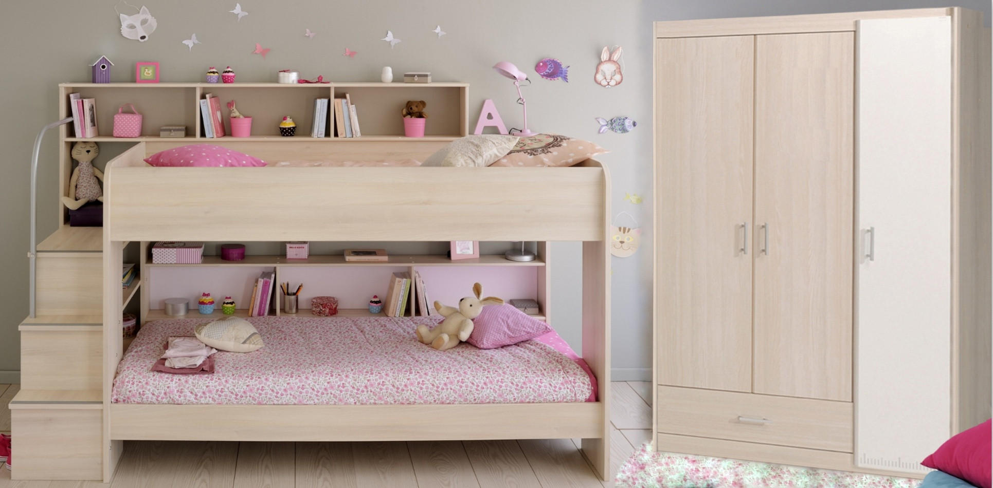 KINDERZIMMER Set Etagenbett 2x 90 x 200 cm und 3-türiger Kleiderschrank - Akaziefarben, Holz (245/171/114cm) - Furn.Design
