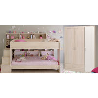 KINDERZIMMER Set Etagenbett 2x 90 x 200 cm und 3-türiger Kleiderschrank - Akaziefarben, Holz (245/171/114cm) - Furn.Design