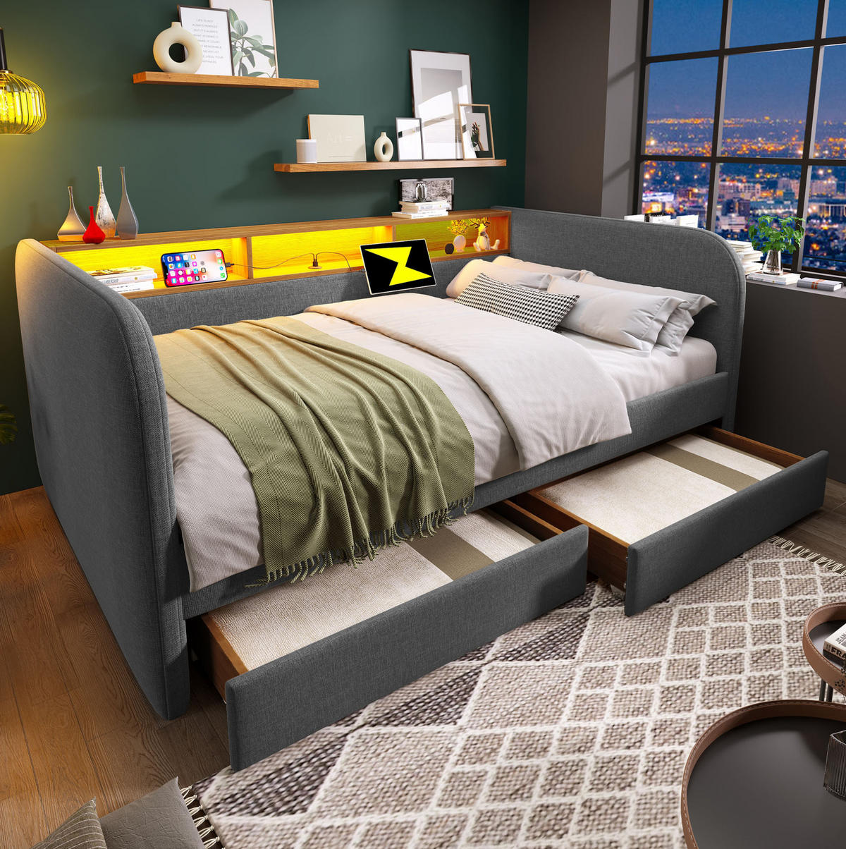 ČALOUNĚNÁ postel z lnu, 140/190 cm šedá, s LED osvětlením, USB-C nabíjením a úložnými zásuvkami - šedá, textil (140/190cm) - BEAOK
