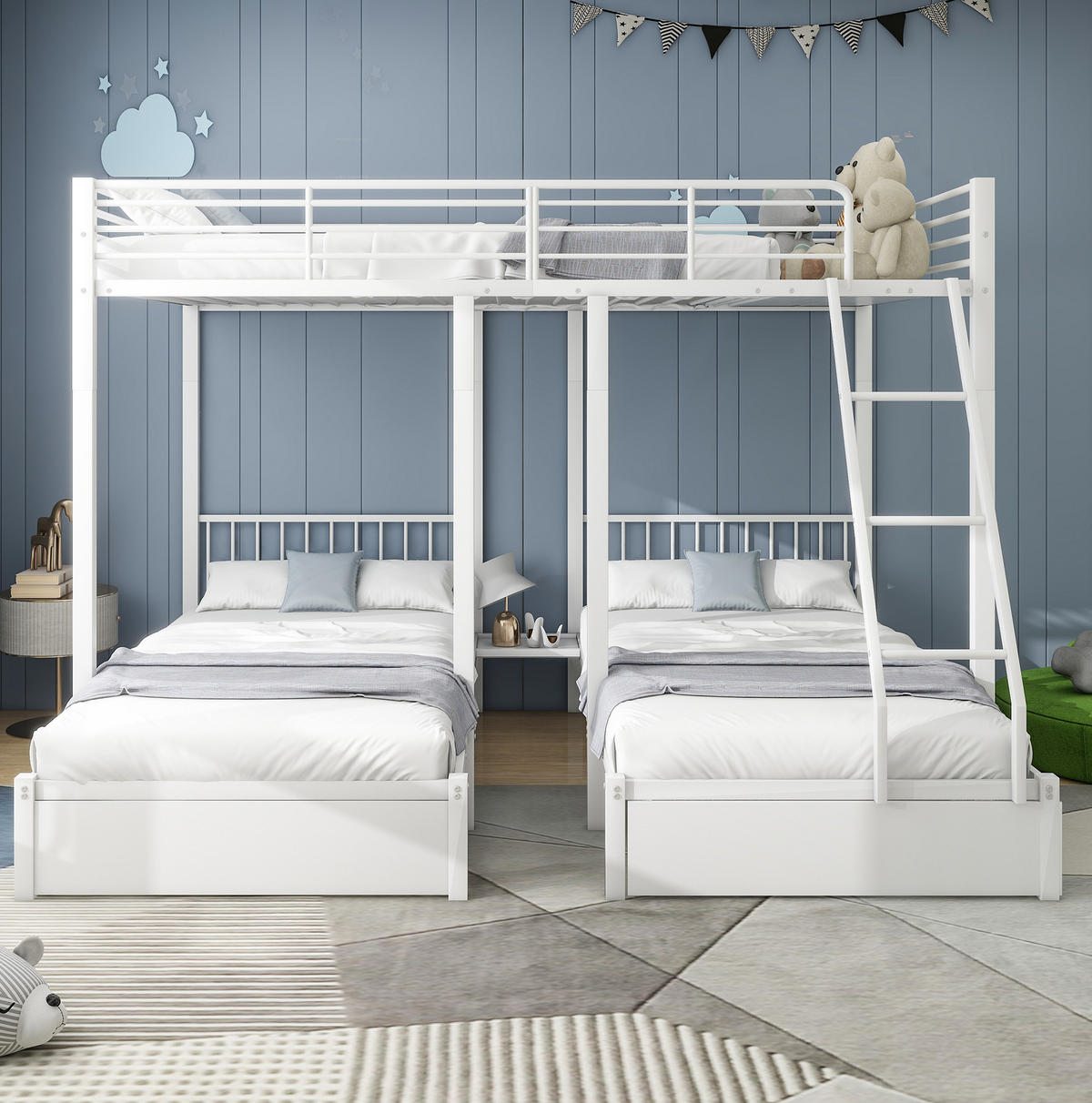 ETAGENBETT Kinderbette 140/200 und 2x 90/200 cm aus Metall mit 2 Schubladen Weiß - Weiß, Metall (140/200cm) - Modenvie