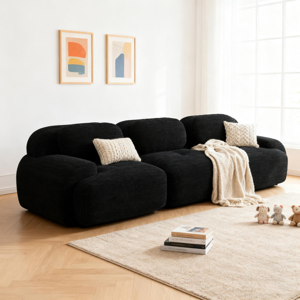 SOFA Modulares 3-Sitzer, mit Armlehnen, Cord, Schwarz - Schwarz, Textil (103/70/298cm) - Meubles Cosy
