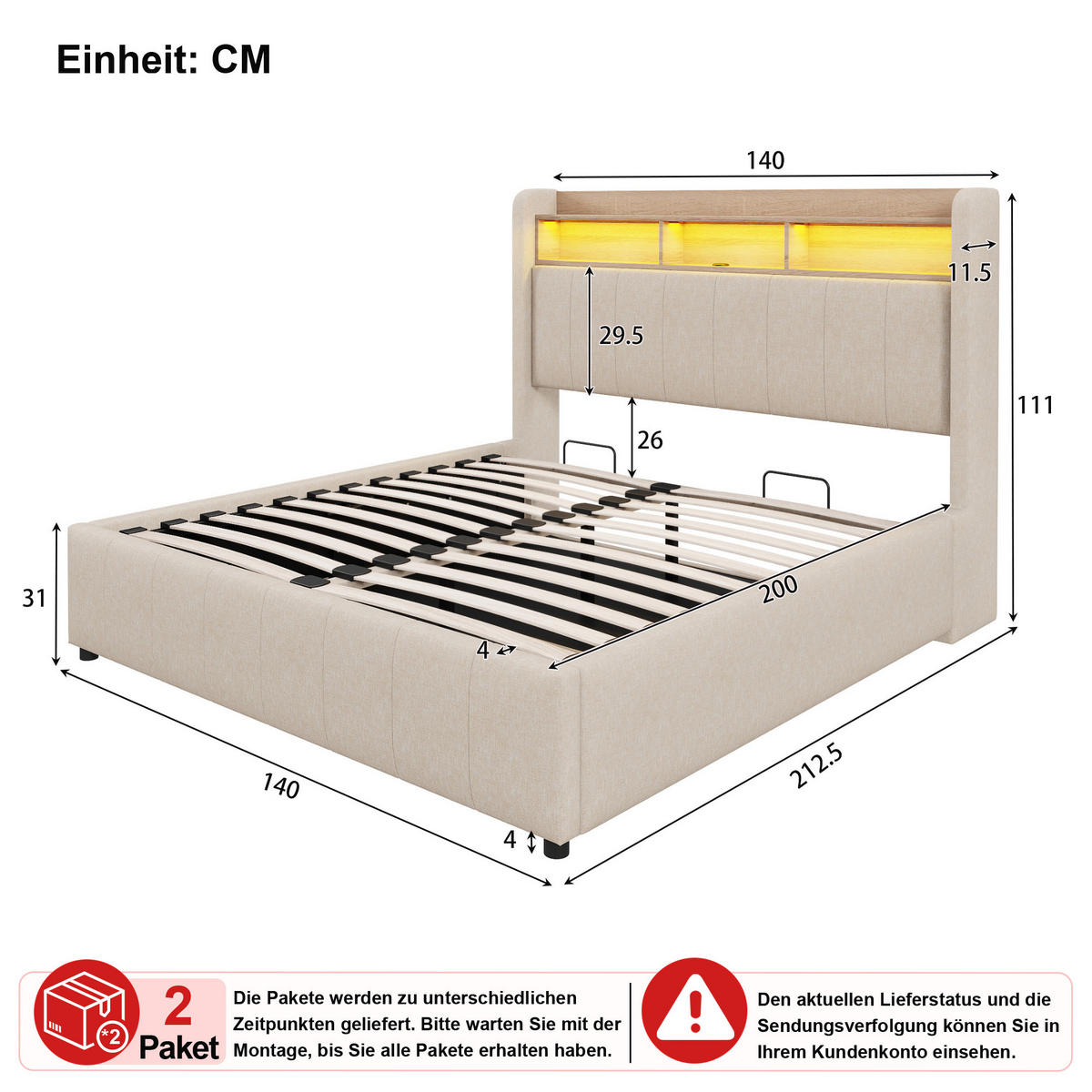 POLSTERBETT 140/200 cm in Beige Leinen mit Bettkasten, LED und USB - Beige, Holzwerkstoff/Textil (140/200cm) - WISHDOR