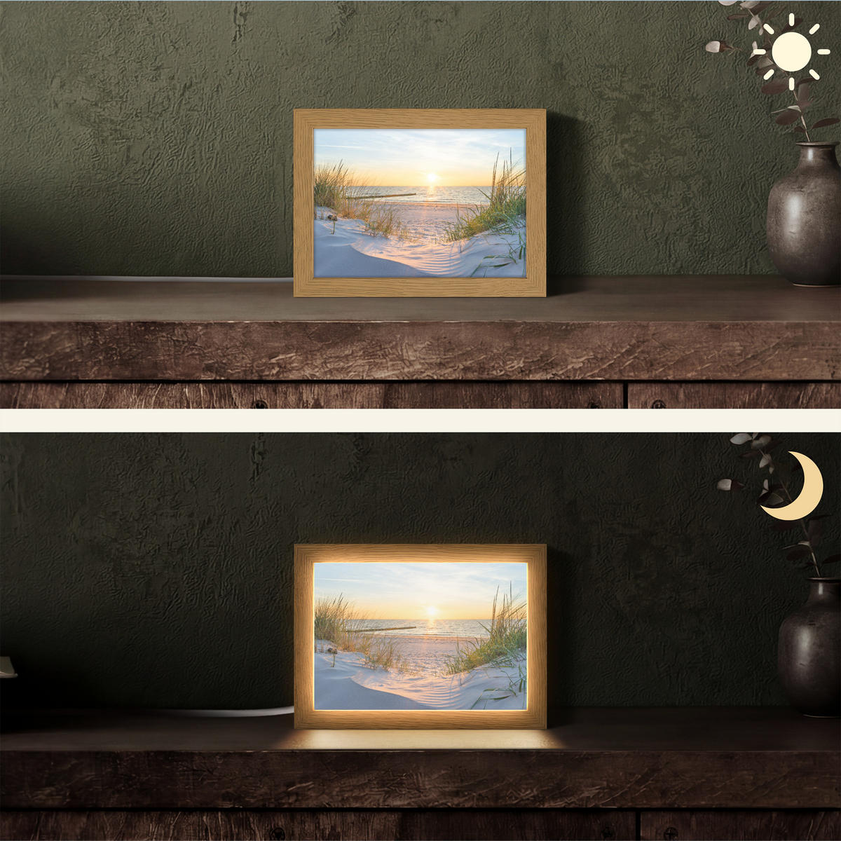TISCHLEUCHTE Strand - Sonne - Düne - Gras - Sand - Horizont 20x15 cm - Cognac, Holzwerkstoff (8/20/15cm) - OnlyWow