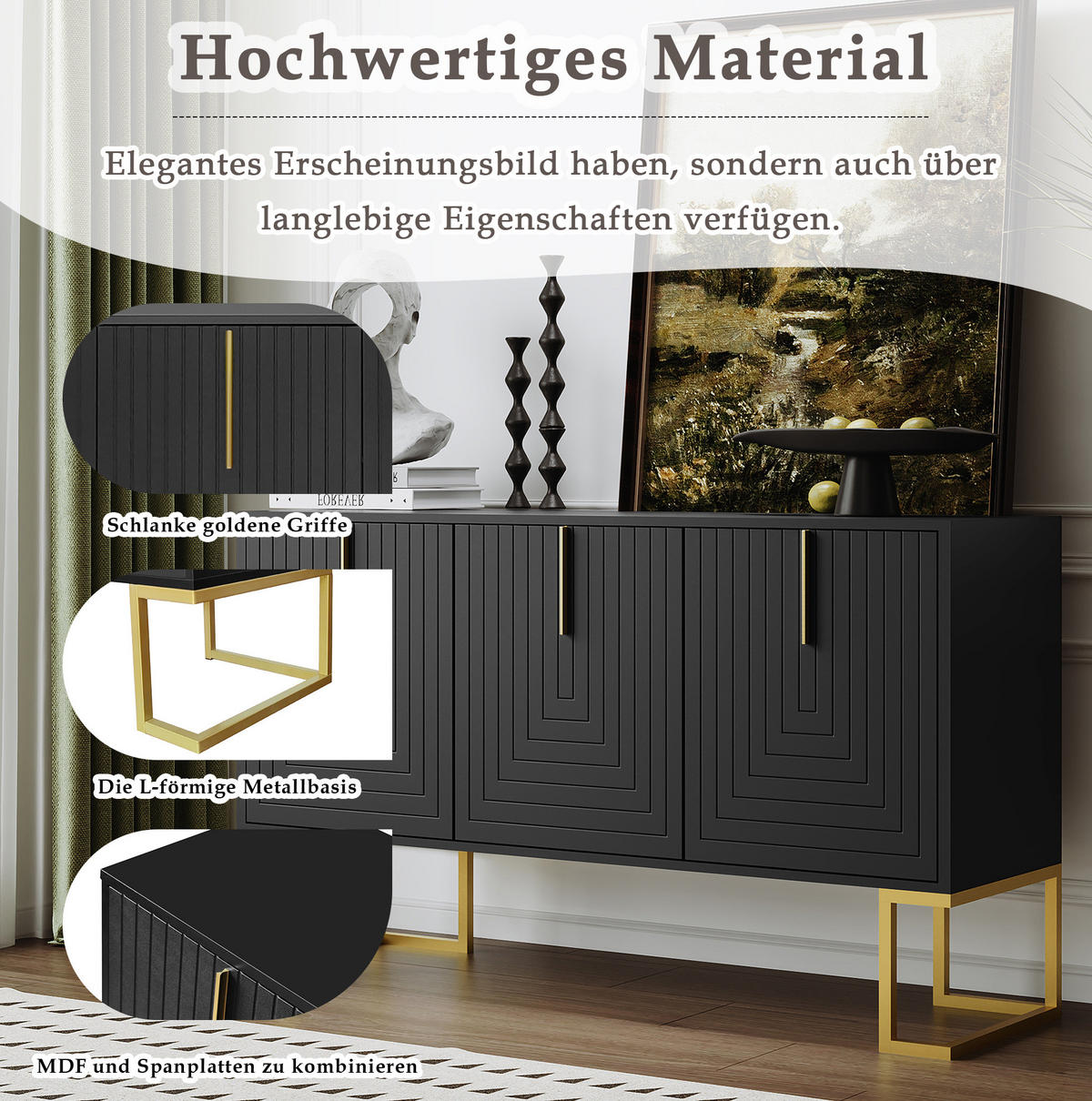 SIDEBOARD 44.6/52.5 cm Schwarz aus MDF und Spanplatte mit verstellbaren Regalböden - Schwarz, Holzwerkstoff (40/80.5/138cm) - OKMYHOME
