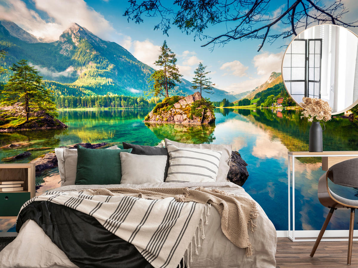 FOTOTAPETE für Schlafzimmer Bergsee Nadelbäume Felsen Natur Landschaft 450x315 - Türkis/Beige, Papier (450/315cm) - Muralo