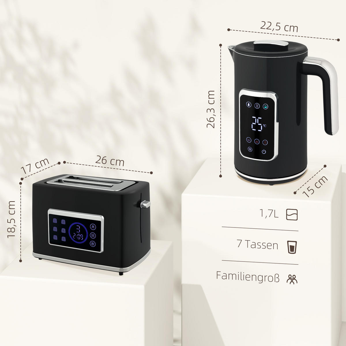 WASSERKOCHER Toaster Set mit 6 Bräunungsstufen Memory-Funktion Schwarz - Schwarz, Kunststoff (15/26.3/22.5cm) - HOMCOM