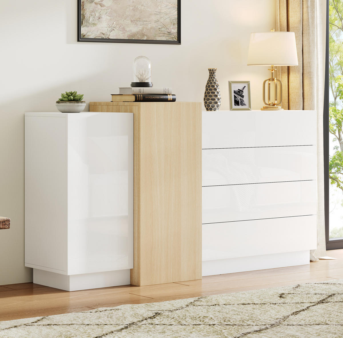 SIDEBOARD 140/35/76,5 cm in Weiß Hochglanz mit 4 Schubladen und 2 Türen - Weiß, Holzwerkstoff (140/76.5/35cm) - Flora Grace