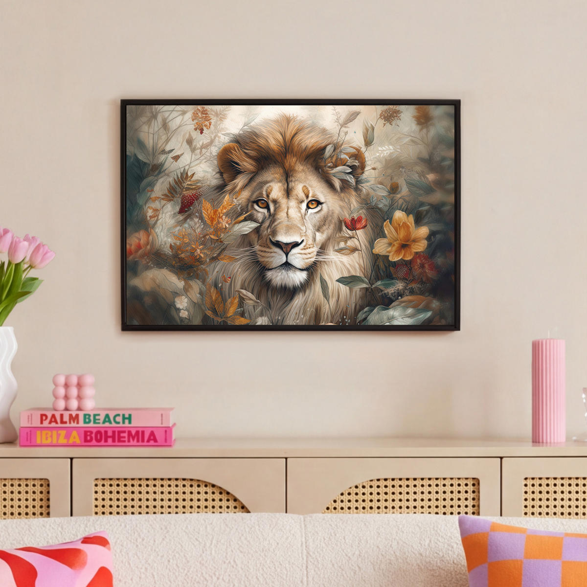 LEINWAND Bilder mit Rahmen - Löwe - Wildtiere - Pflanzen - Natur - Blumen - 60x40 - Beige, Textil (60/40cm) - MuchoWow