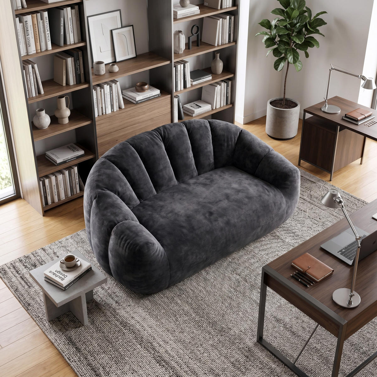 2-SITZER SOFA aus Flanell mit skulpturaler Wellen-Rückenlehne - Schwarz, Textil (140/61/98cm) - Urban Meuble