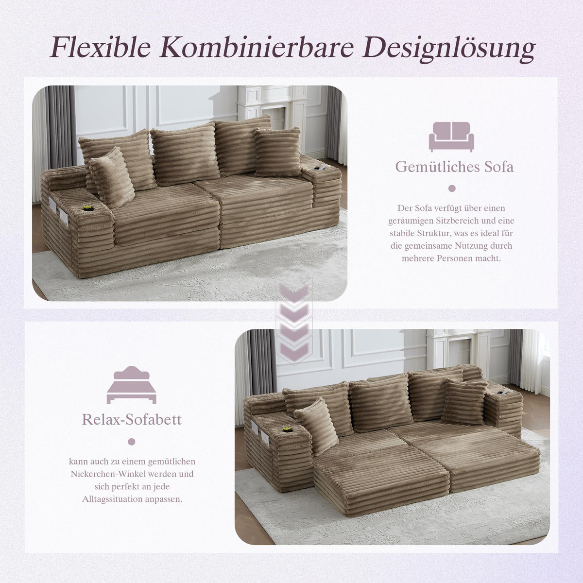 SCHLAFSOFA 273/98/87 cm Khaki mit beidseitigen Taschen und Getränkehaltern - Sandfarben, Textil (107.48/34.25/38.58cm) - Oxeza