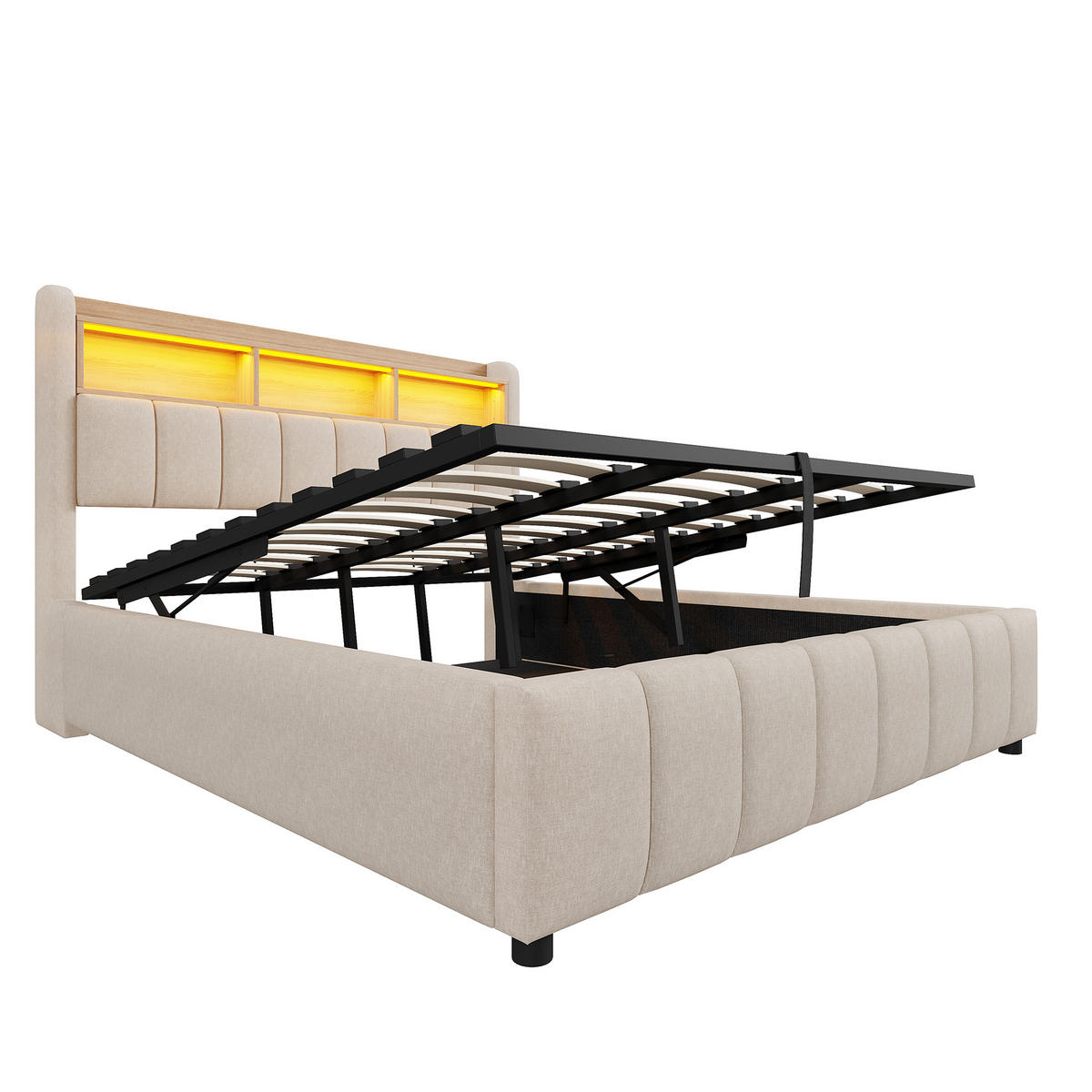 POLSTERBETT 180x200 Beige Leinen LED Stauraum - Beige, Textil (180/200cm) - FLIEKS