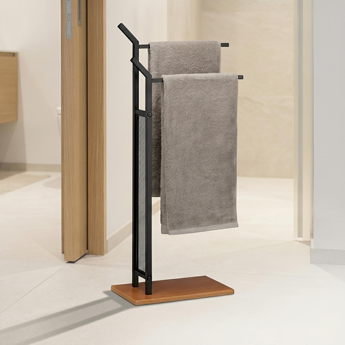 HANDTUCHSTÄNDER Schwarz Holzoptik freistehend 88 cm - Schwarz, Holzwerkstoff/Metall (40/88/20cm) - Relaxdays