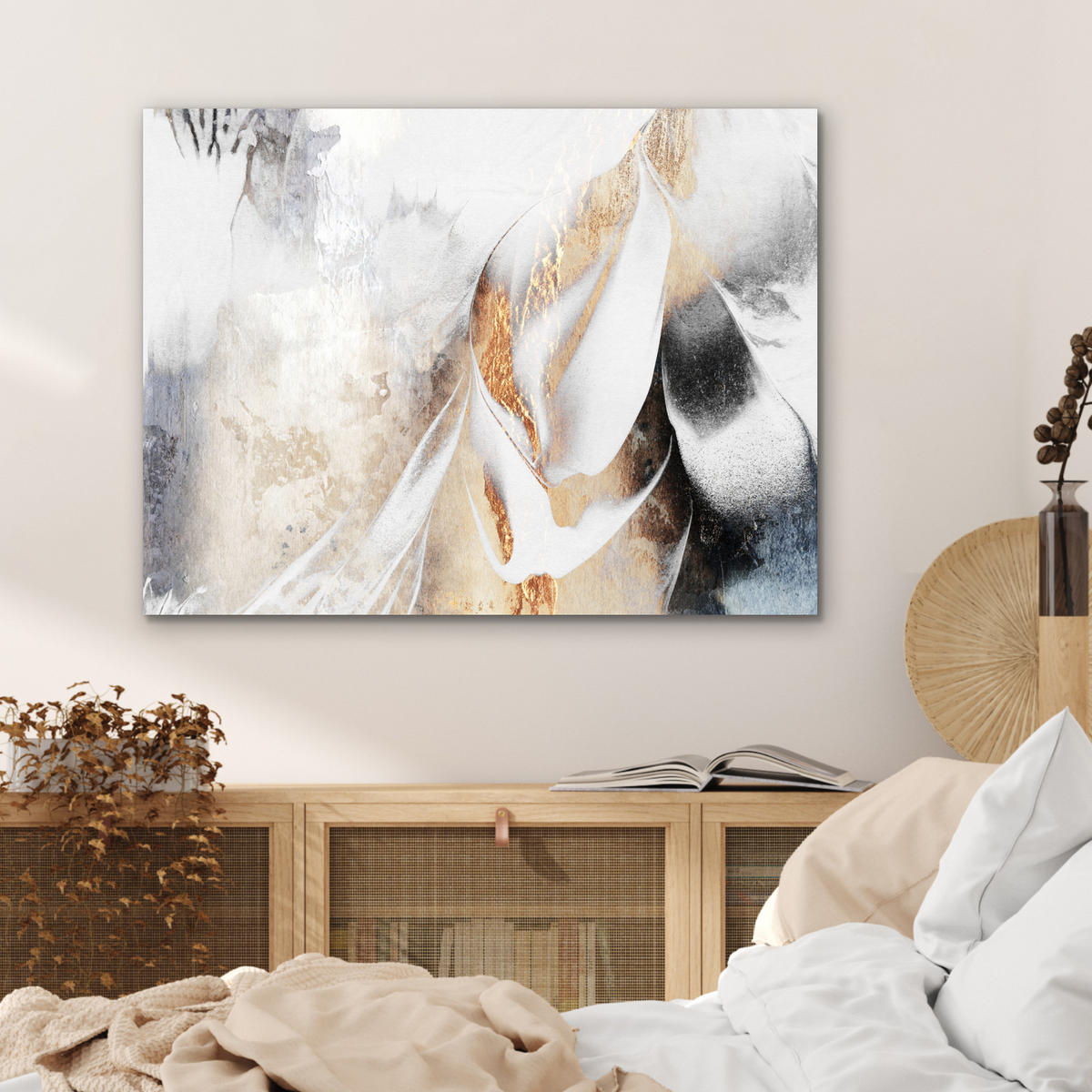 KOVOVÝ OBRAZ Luxusné - abstraktné - zlaté - biele 80x60 cm - zlatá, kov (80/60cm) - MuchoWow