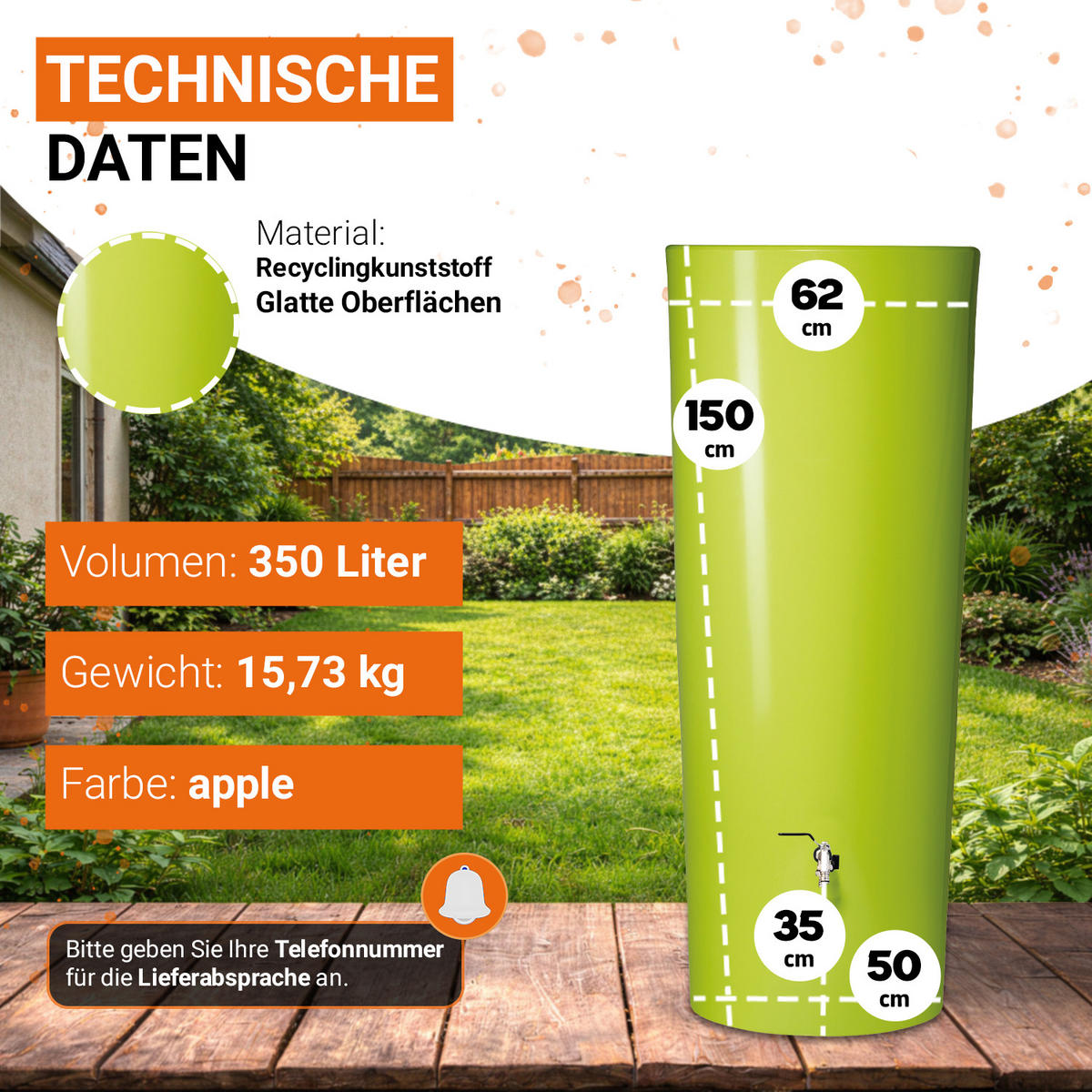 2IN1 Regentonne Komplett-Set 350 L, apple inkl. Chrom-Doppelauslaufhahn und Fallrohranschluss - Grün, Kunststoff (62/150/80cm) - GARANTIA