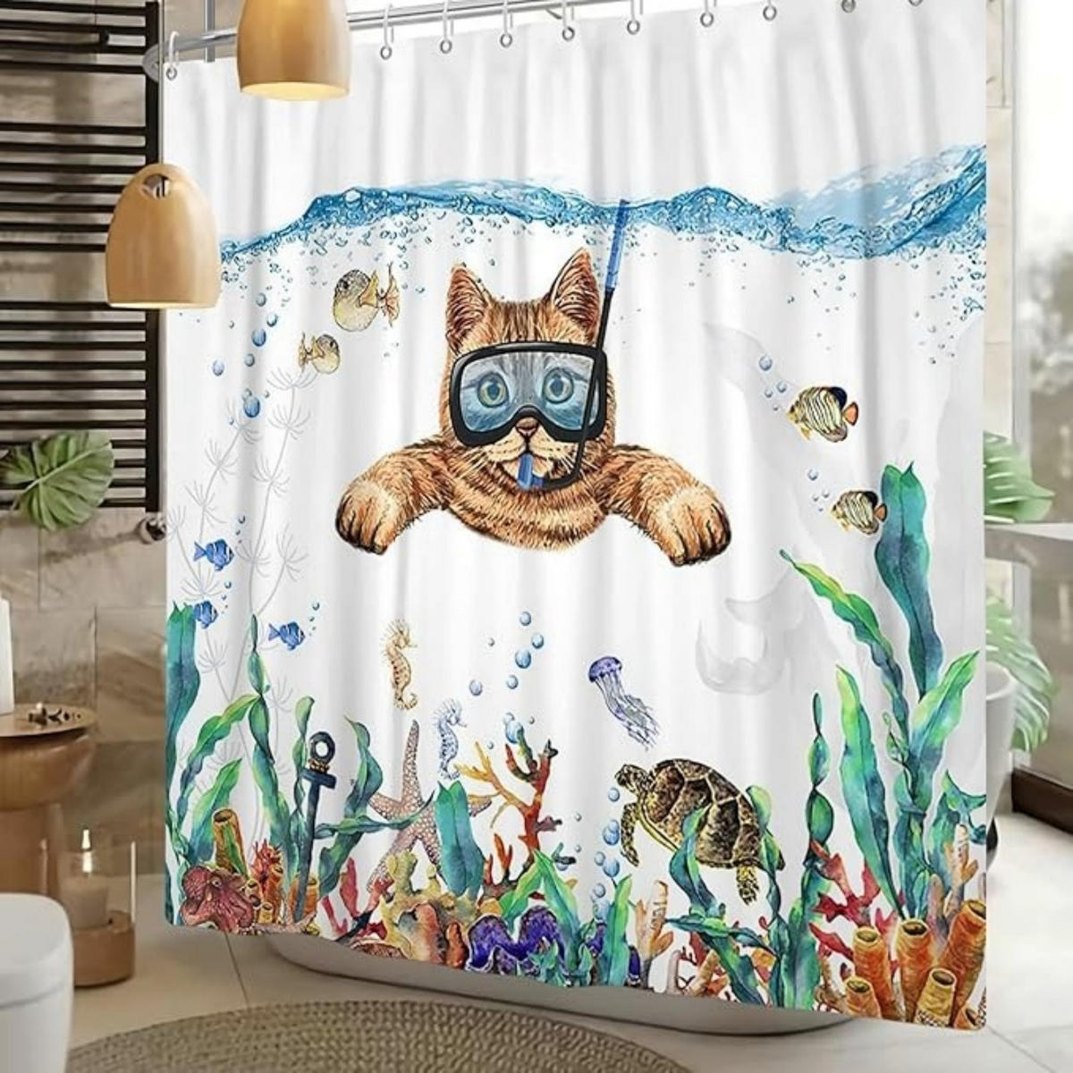 DUSCHVORHANG Marineblau 120 x 180 cm Ozean Katze Fisch Schildkröte - Blau, Textil (180/180cm) - MCBOSON