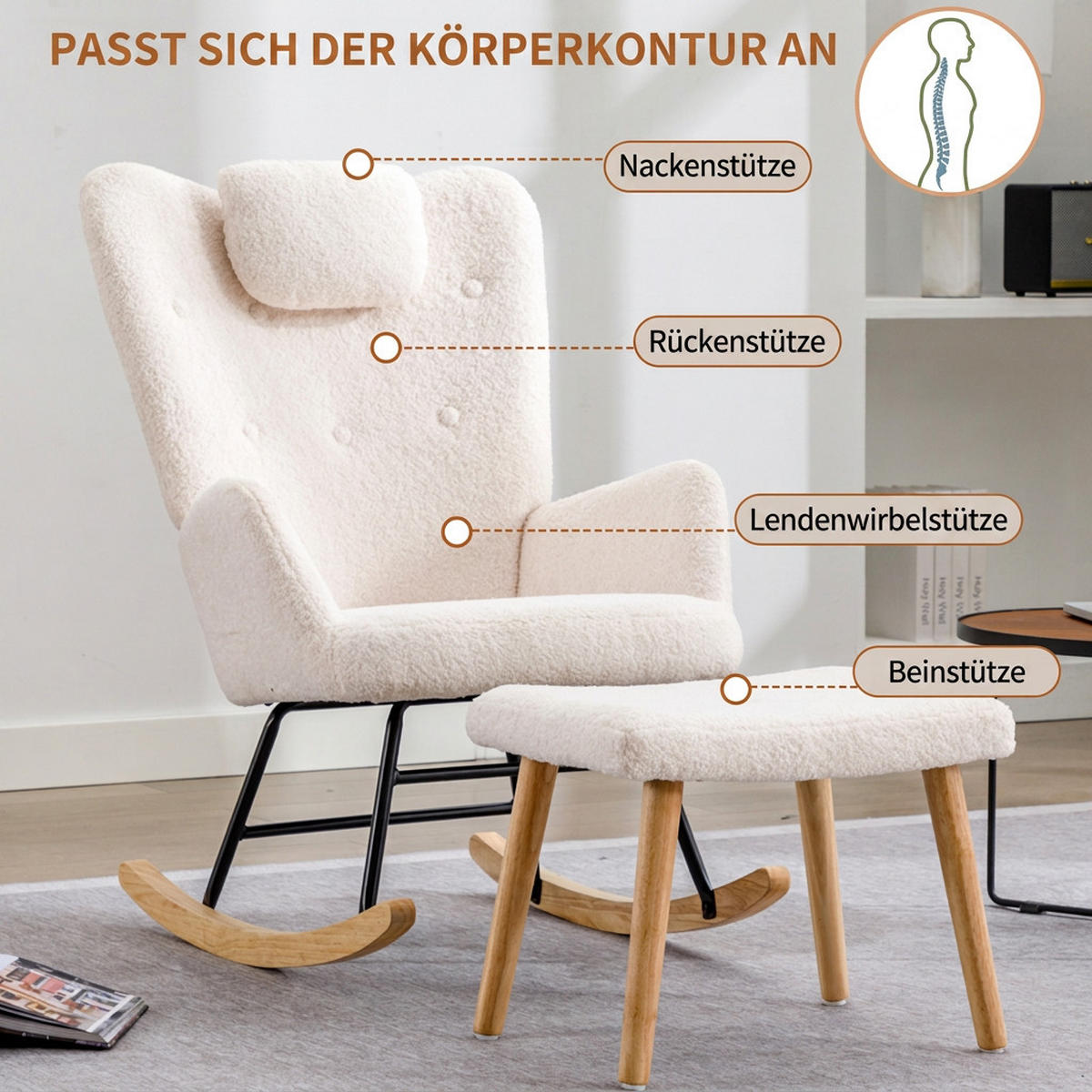 SCHAUKELSTUHL 82/65/94 cm Weiß mit Nackenkissen und Fußhocker - Weiß, Textil (82/94/65cm) - Oxeza