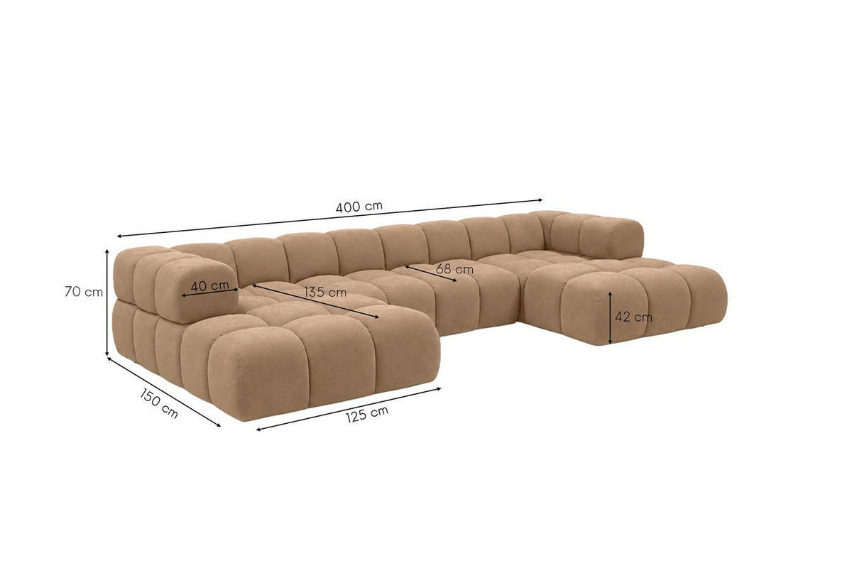 ROHOVÁ SEDAČKA ve tvaru U, velurová tkanina Bluvel, Latte, Averro U XL - kapučínová, dřevo (400/70/150cm) - Kaiser Möbel