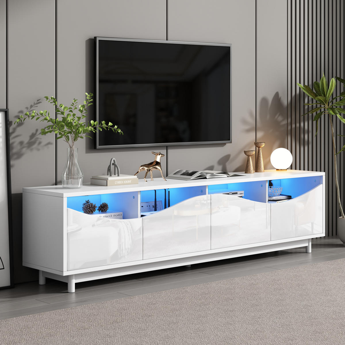 TV-SCHRANK 175x38cm geschwungenes Design Hochglanzweiß LED Glastür - Weiß, Holz (49/27.94/61.98cm) - FLIEKS