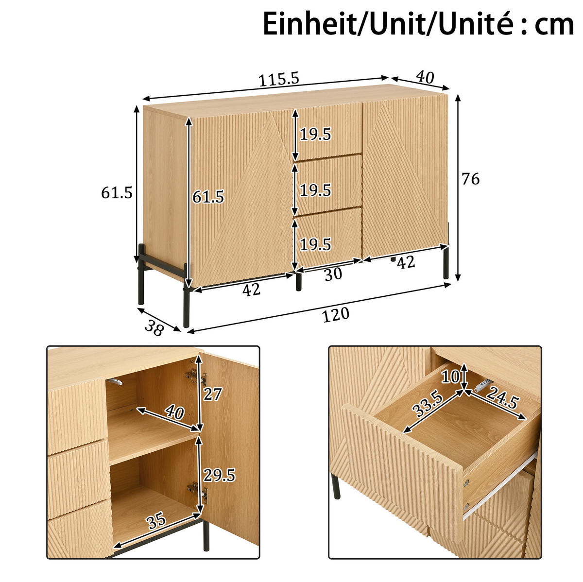 SIDEBOARD 115,5/40/76 cm in Natur mit 2 Türen und mittiger Schublade - Naturfarben, Holzwerkstoff (115.5/76/40cm) - Flora Grace
